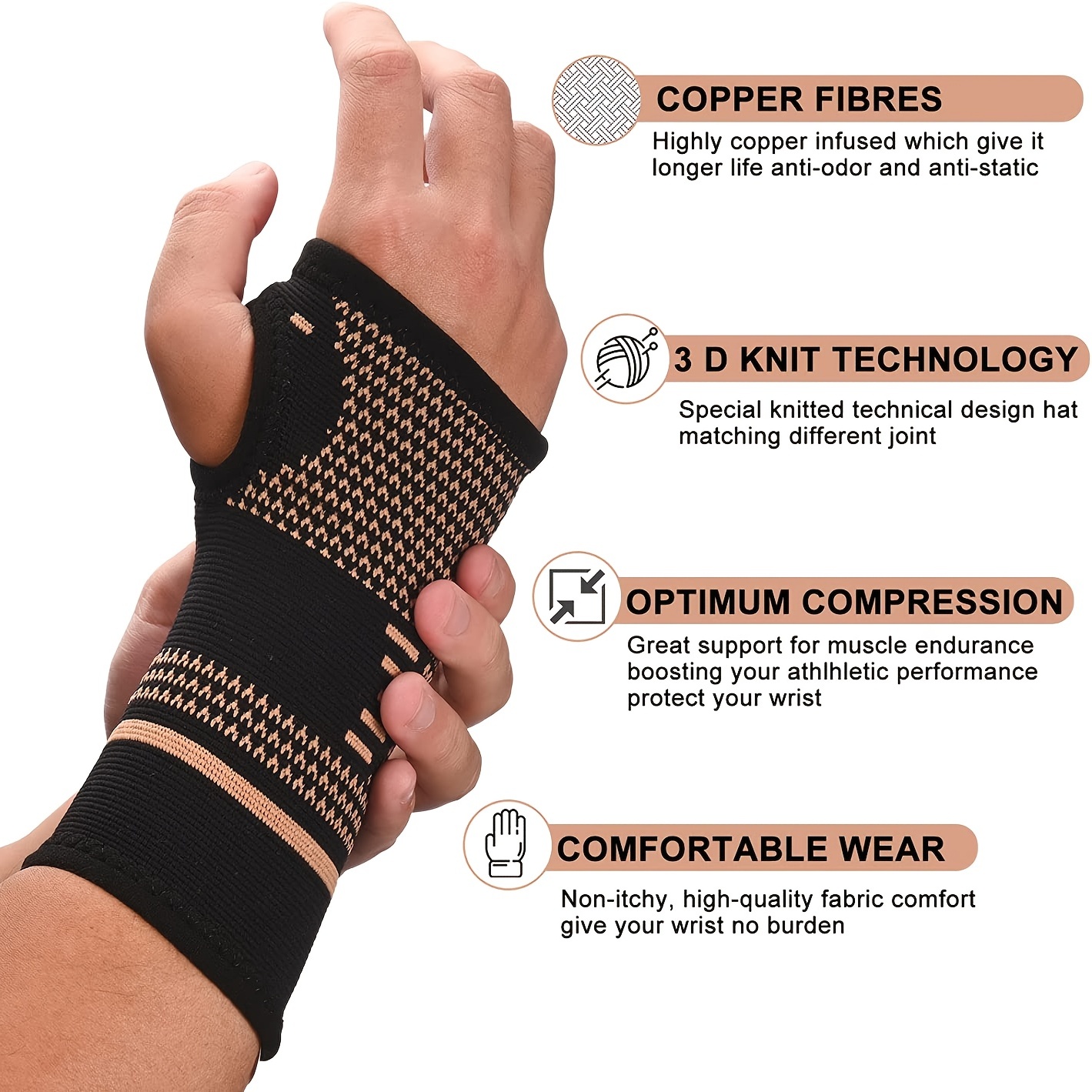 Travelwant 1Pair Compression Wrist Sleeve - Copper Infused Wrist Support  for Men &Women-Improve Circulation and Recovery 
