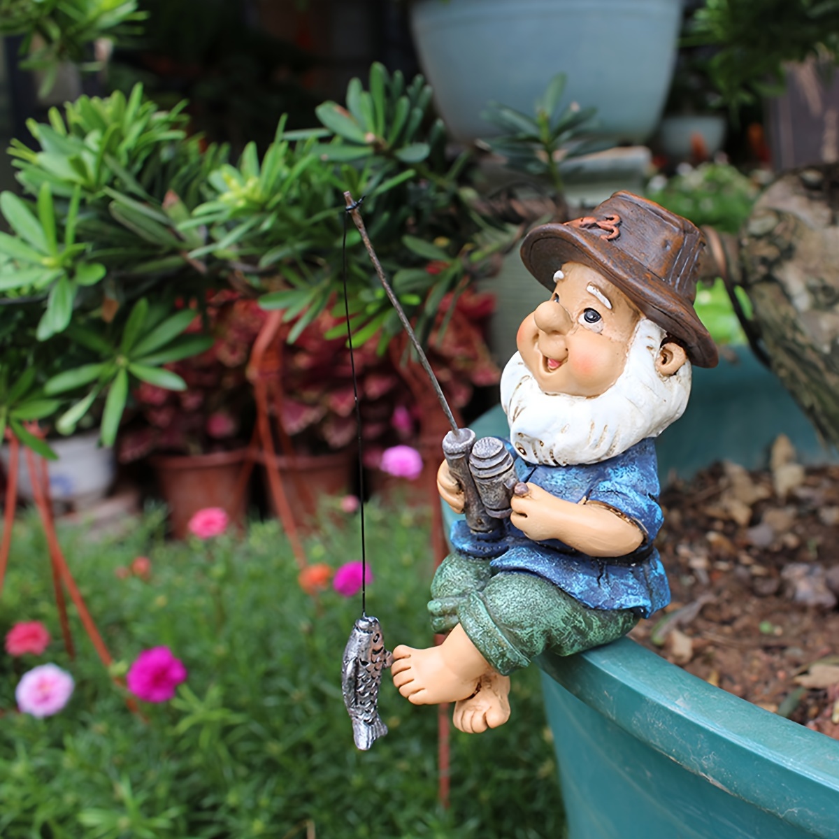 1PC Fishing Old Man Resin Figure Statue Sitting Garden Ornament Outdoor  Garden Pool Micro-Landscape Bonsai Garden Crafts
