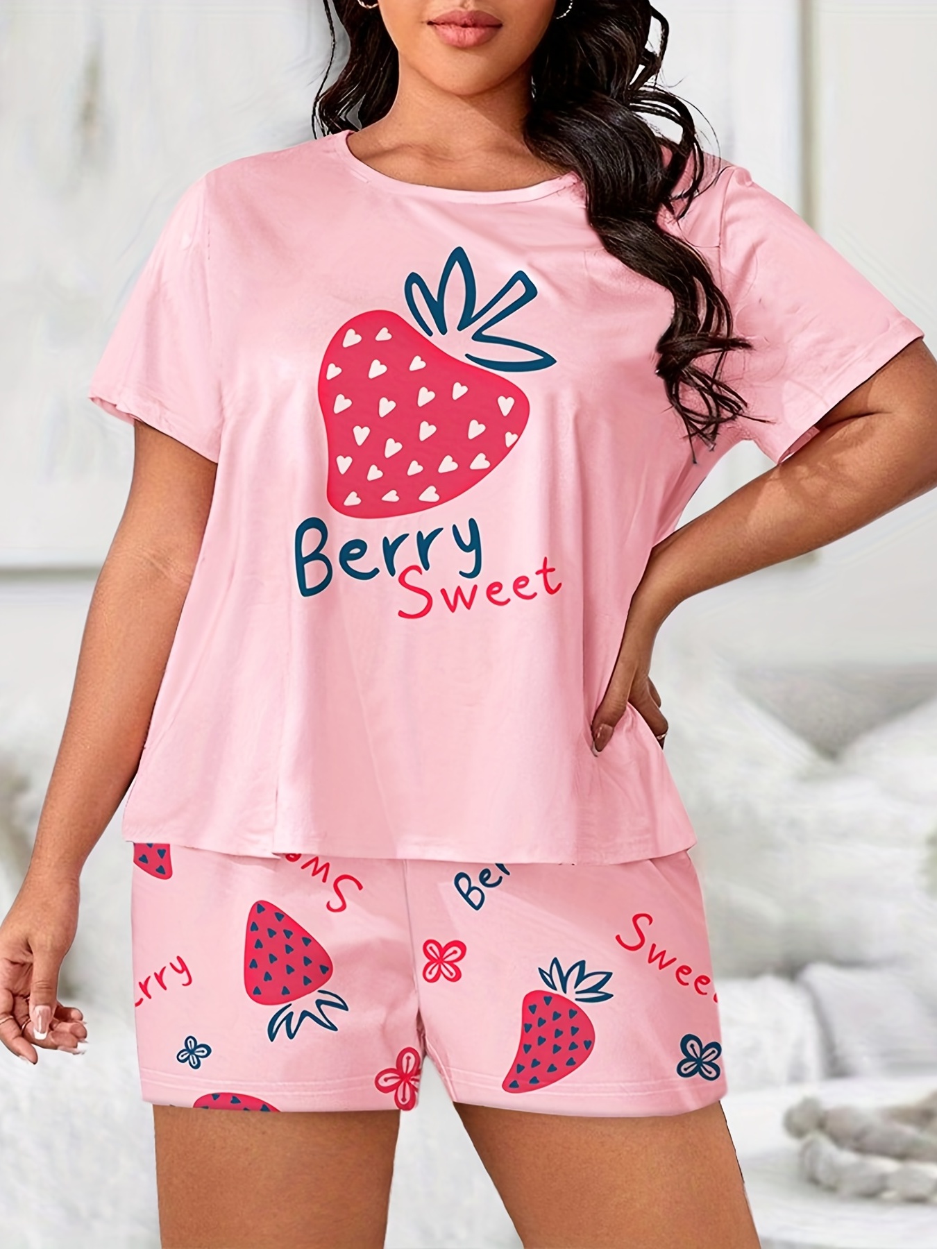 Plus Size Cute Pajama Set, Women's Plus Strawberry & Letter Print Round  Neck Short Sleeve Tee & Shorts, Pajama Two Piece Set