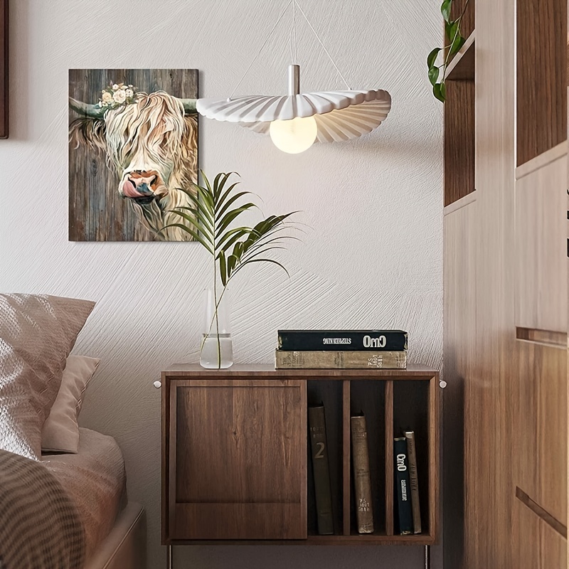 1pc Canvas Painting Cute Brown Highland Cow Flower Farmhouse Canvas Wall Art Decor For Living Room Wall Decor Bedroom Wall Decor Office Kitchen Bathroom Toilet Wall Decor No Frame 12inch 16inch