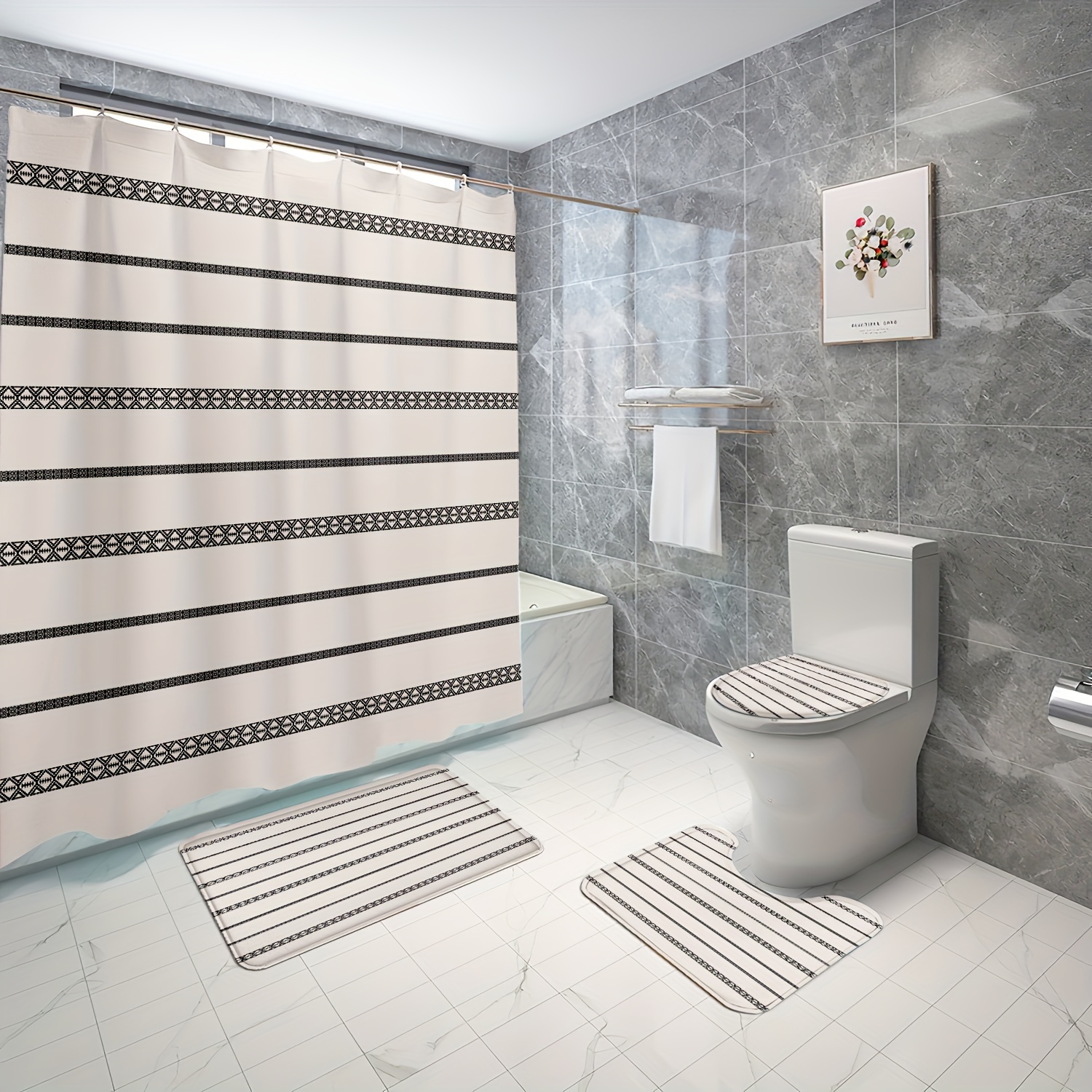4pcs Badezimmer Einfache Dekorative Duschvorhang Schwarz - Temu