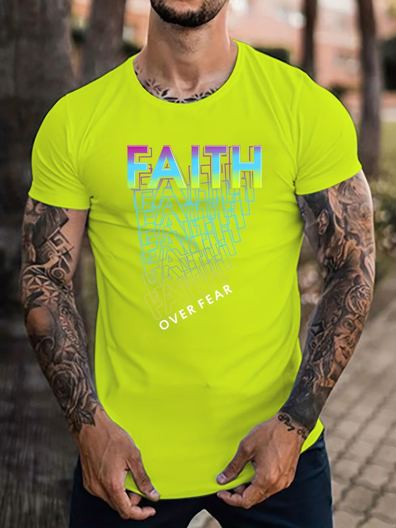 Men's Overlapping Letter faith Print Summer T Shirt Trendy - Temu