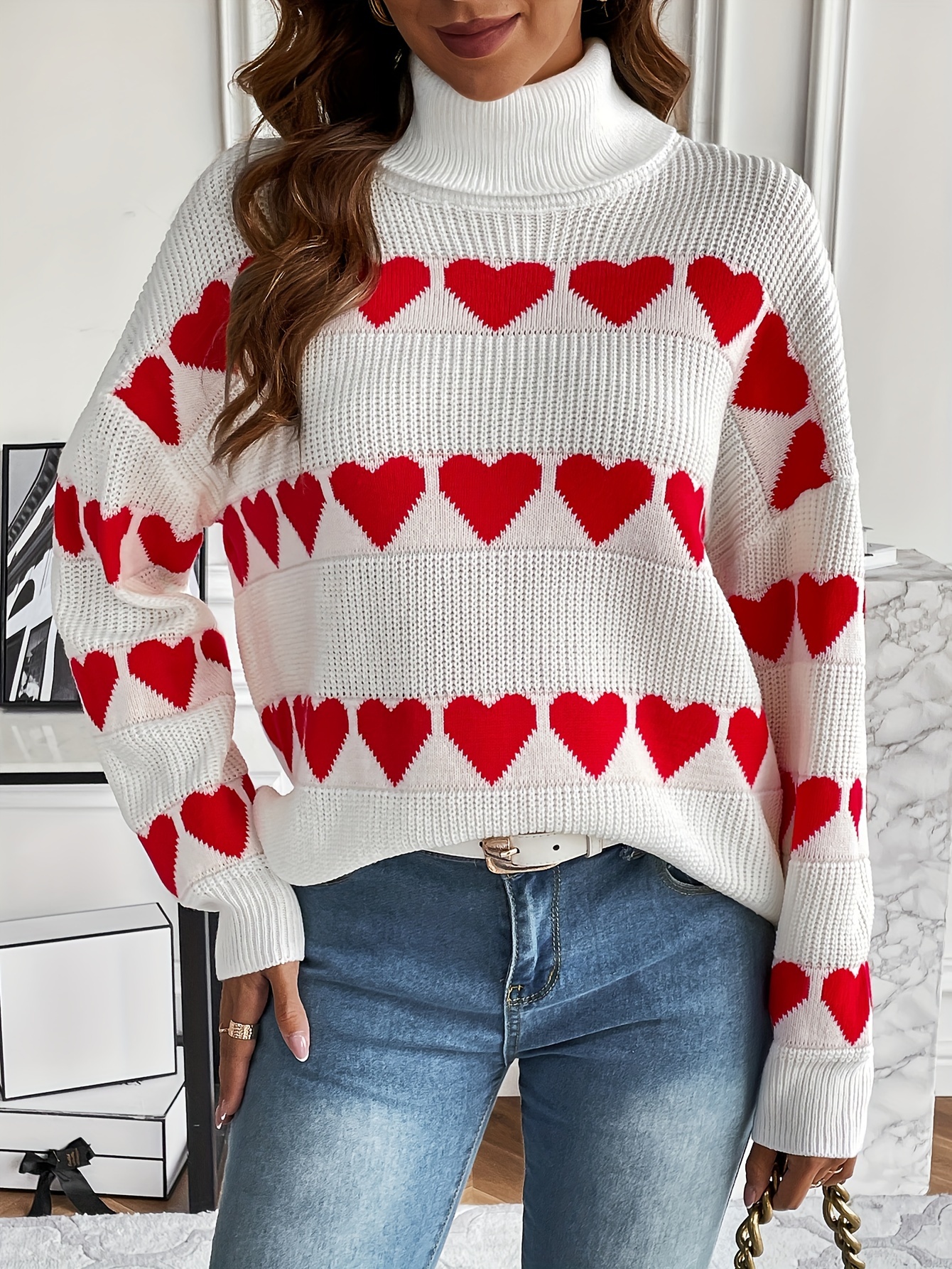 Heart Pattern Turtle Neck Pullover Sweater, Casual Long Sleeve Fall Winter  Sweater, Women's Clothing - Temu