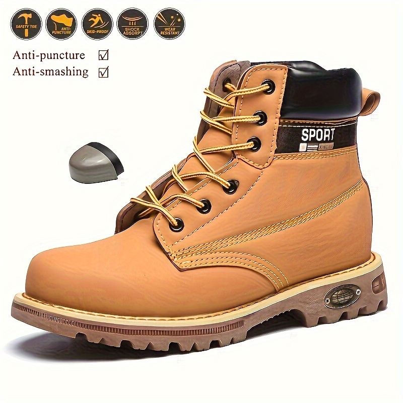 Men's Trendy High Top Steel Toe Work Boots, Comfy Non Slip Casual Vintage Lace Up Shoes, men's footwear