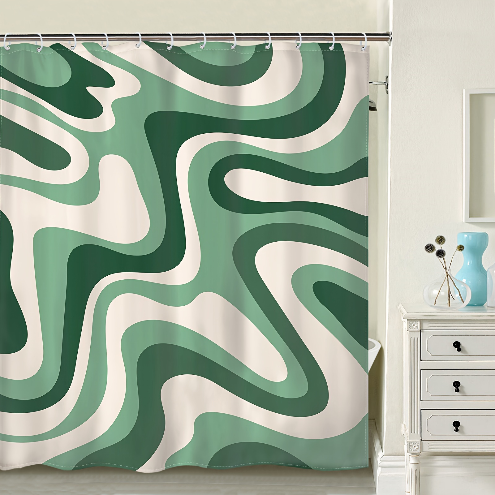 Sage Green and White Abstract Geometric Shower Curtain Bathroom Accessories  Set