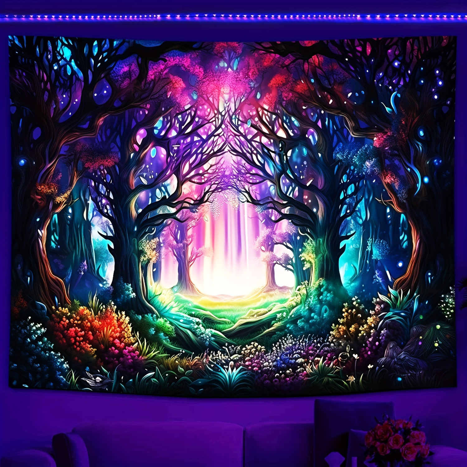 

Blacklight Fantasy Forest Magical Forest With Neon Lights Tapestry, Psychedelic Plant Tapestry Uv Reactive Nature Tree Tapestry Wall Hanging For Bedroom Living Room Backdrop Décor Eid Al-adha Mubarak