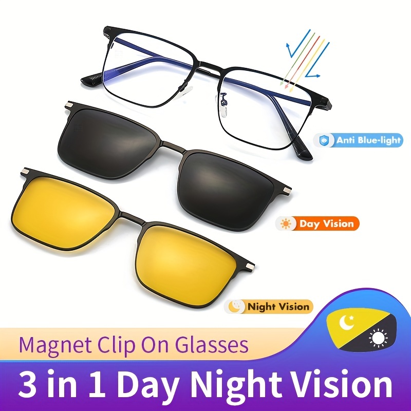 3 In 1 Polarized Magnet Clip On Glasses Men Night Vision Sunglasses Clip  Set Titanium Metal Square Frame Computer Glasses