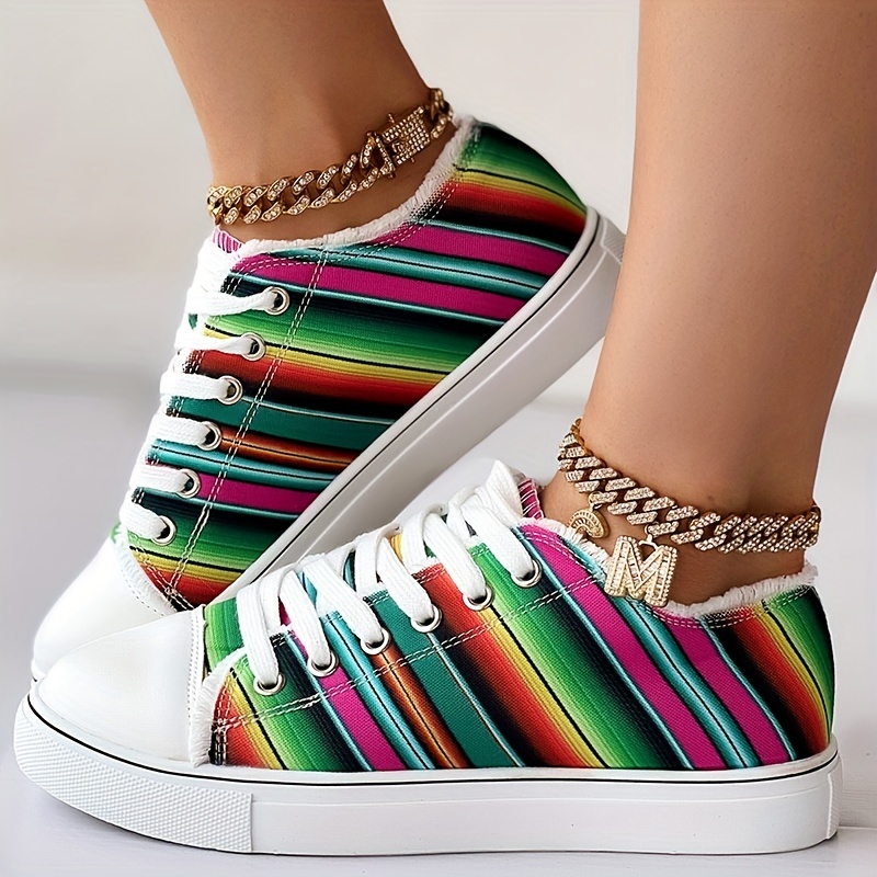 Colorful Strip Print Sneakers Low Top Lace Up Canvas Shoes