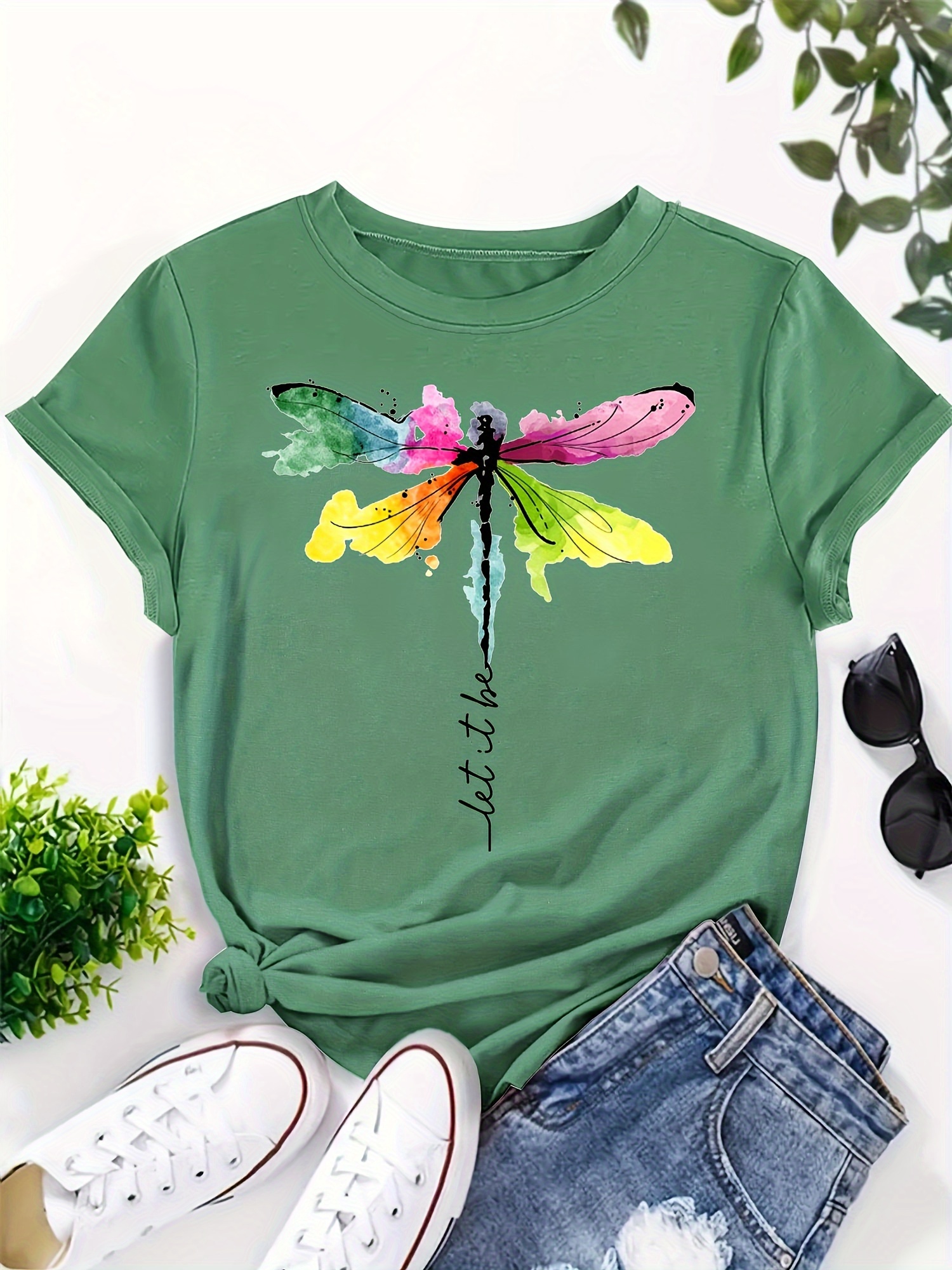 Dragonfly Print Crew Neck T shirt Casual Short Sleeve T - Temu | Sport-T-Shirts