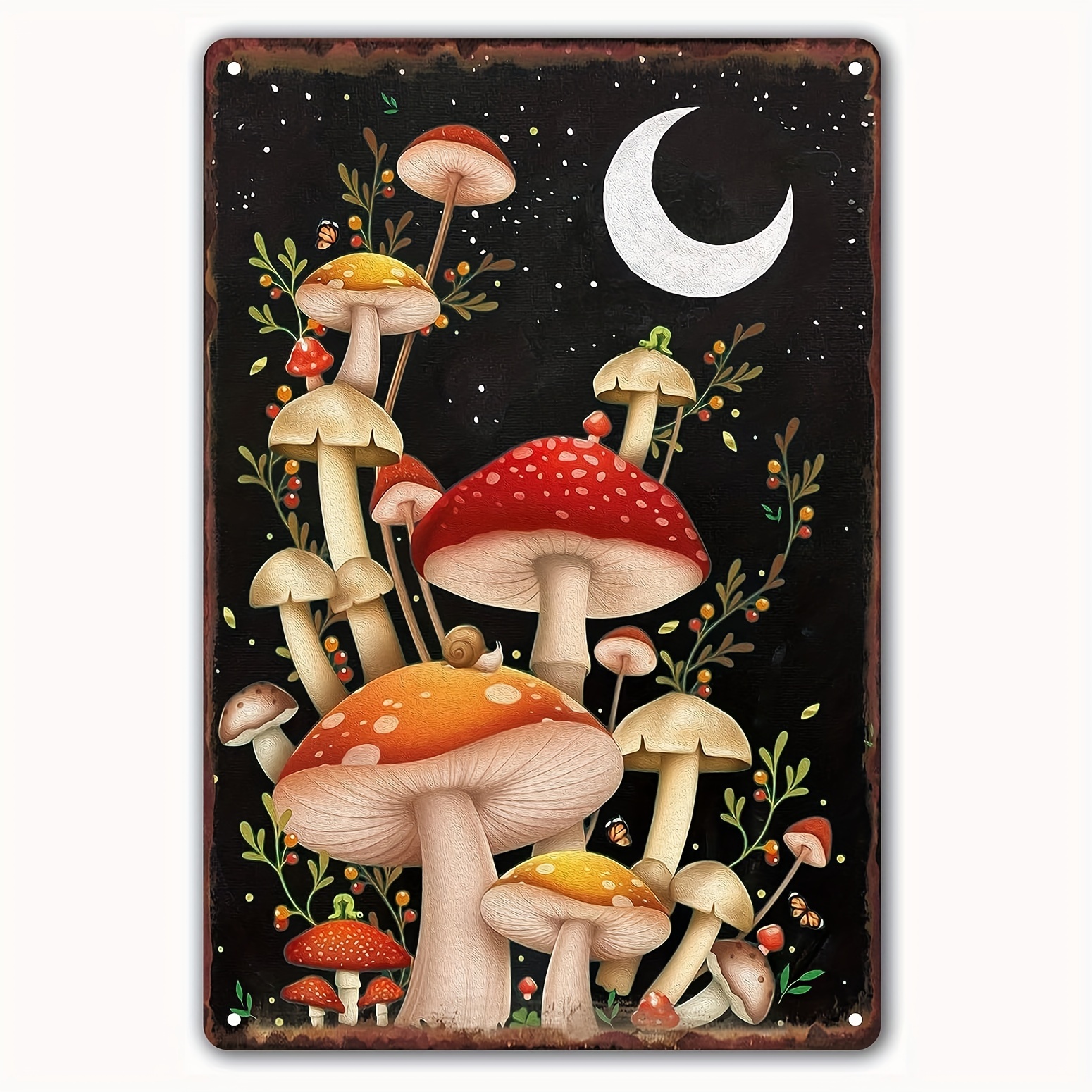 Targa in metallo con funghi vintage, poster artistico retrò, pittura in ferro, decorazione da parete, regalo per esterni, bar, garage, fattoria, decorazione 30,5 x 20,3 cm