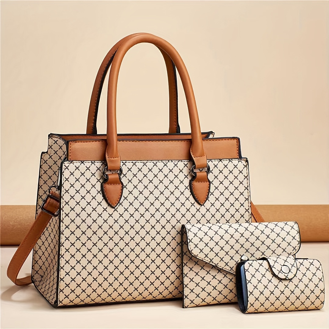 Classic Geometric Pattern Bag Sets Trendy Tote Bag Clutch Temu