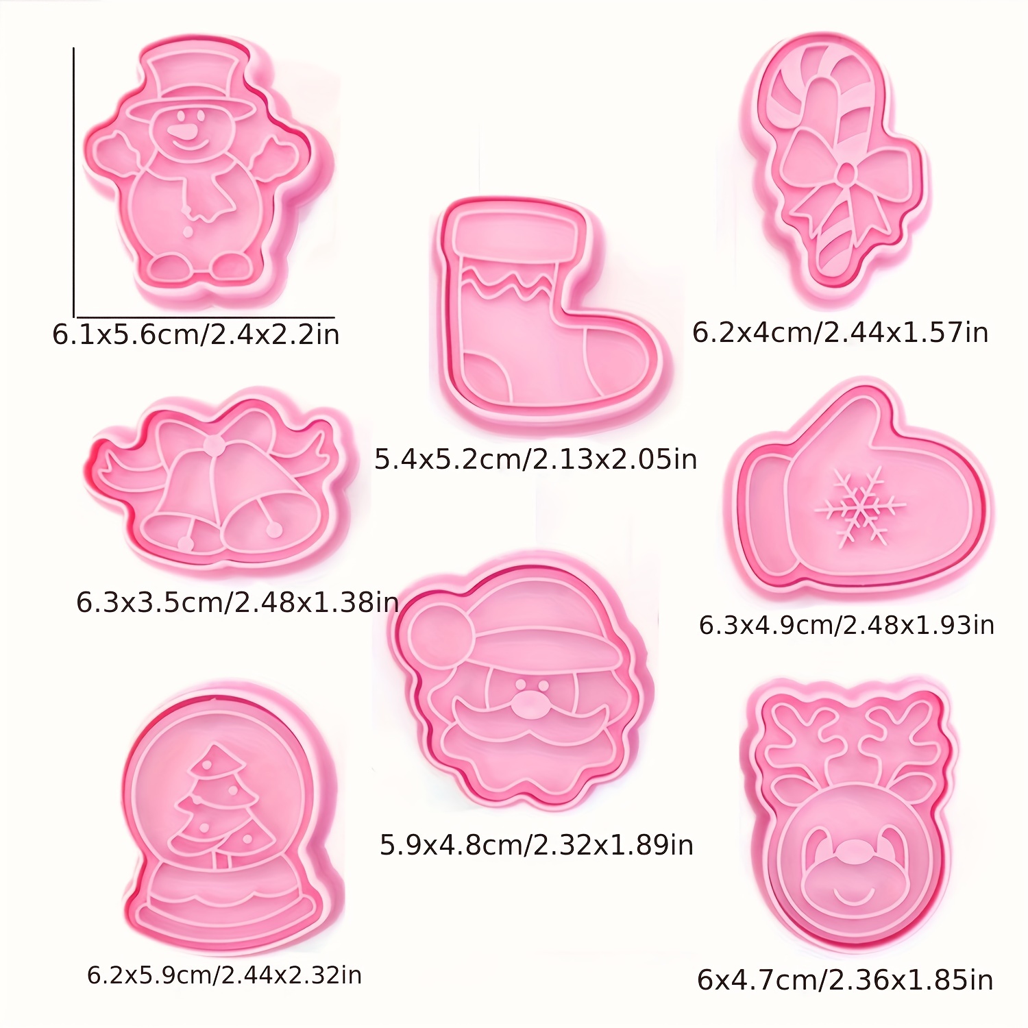 8pcs Christmas Cookies Mold Set, 3d Embossed Cookies Cutter Press Molds,  Including Christmas Tree, Snowman, Bell, Snowflakes, Santa Claus Pattern,  Pink, Suitable For Christmas Baking