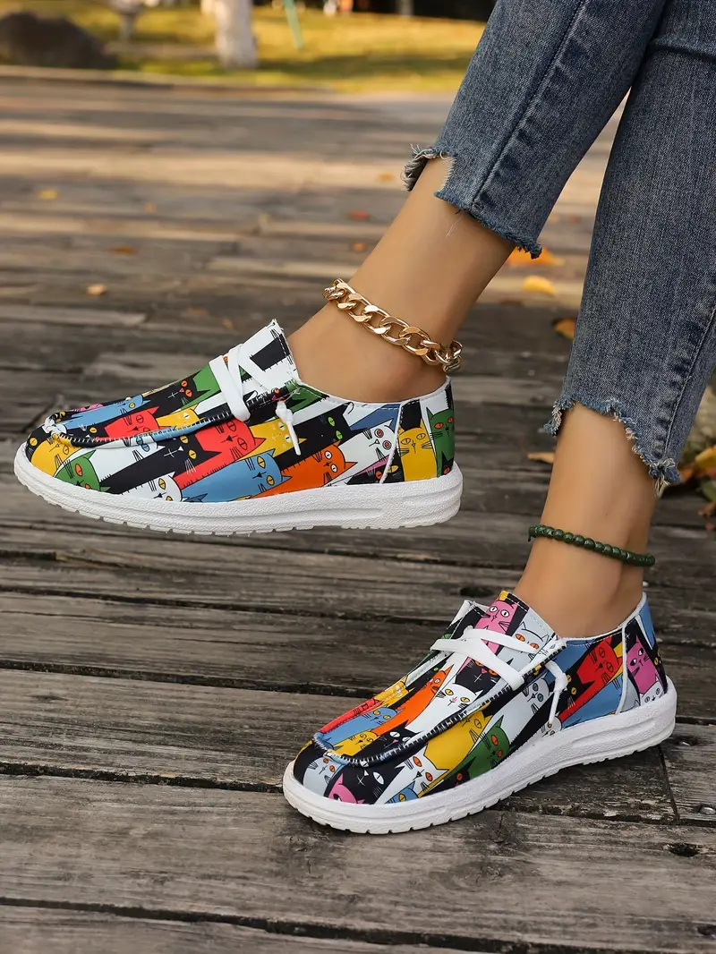 womens cute cat print canvas shoes casual lace up outdoor shoes lightweight low top sneakers details 3