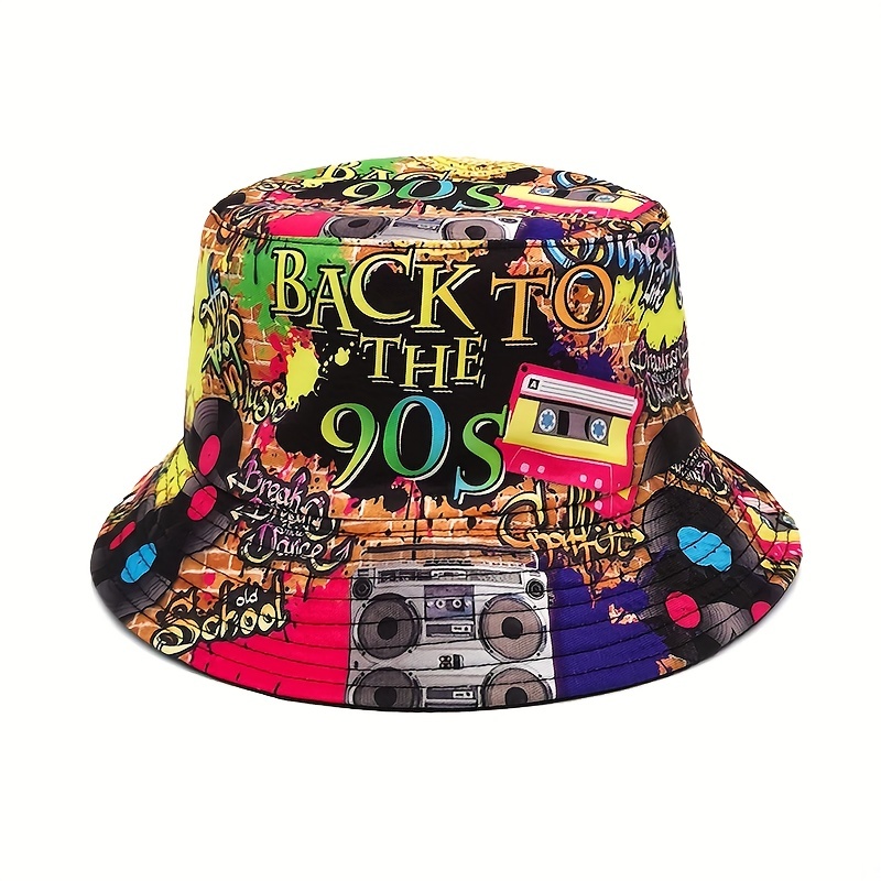Retro Nostalgic 90s Print Bucket Hat Male Spring Summer Double-sided Hip-hop Magnetic Strap Sun Hat Beach Basin Hat For Men And Women