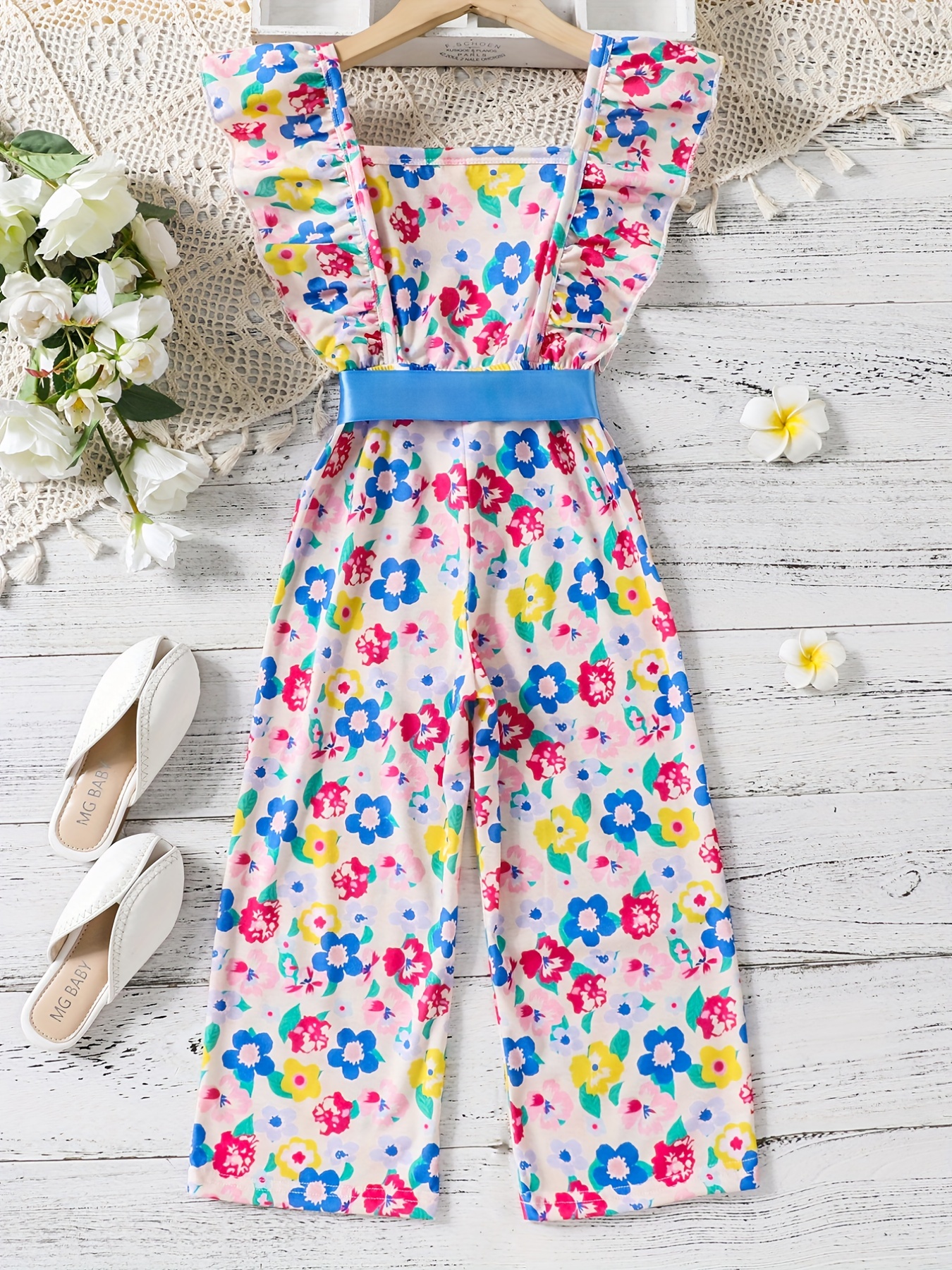 Girls Bow Floral Print Ruffle Sleeve Rompers Comfortable Casual Jumpsuit