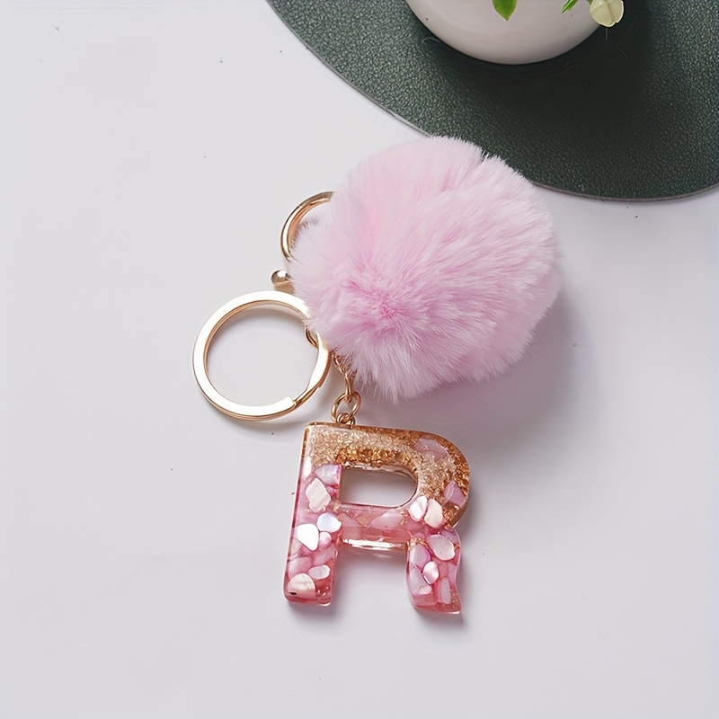 Alphabet Initial Letter F Pom Pom Keychain Cute Plush Key Chain Ring Purse  Bag Backpack Charm Earbud Case Cover Accessories Women Girls Gift