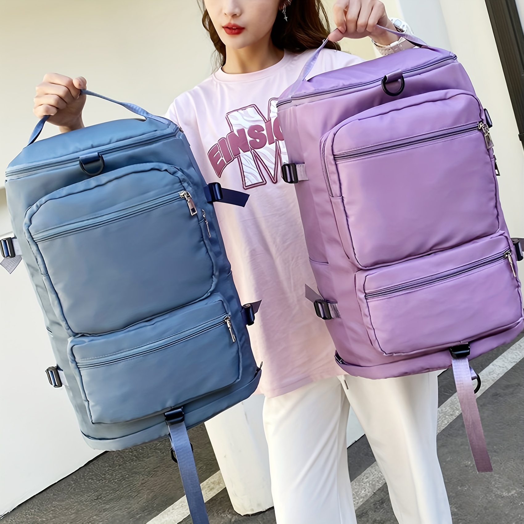 Solid Color Large Capacity Zipper Duffle Bag - Temu