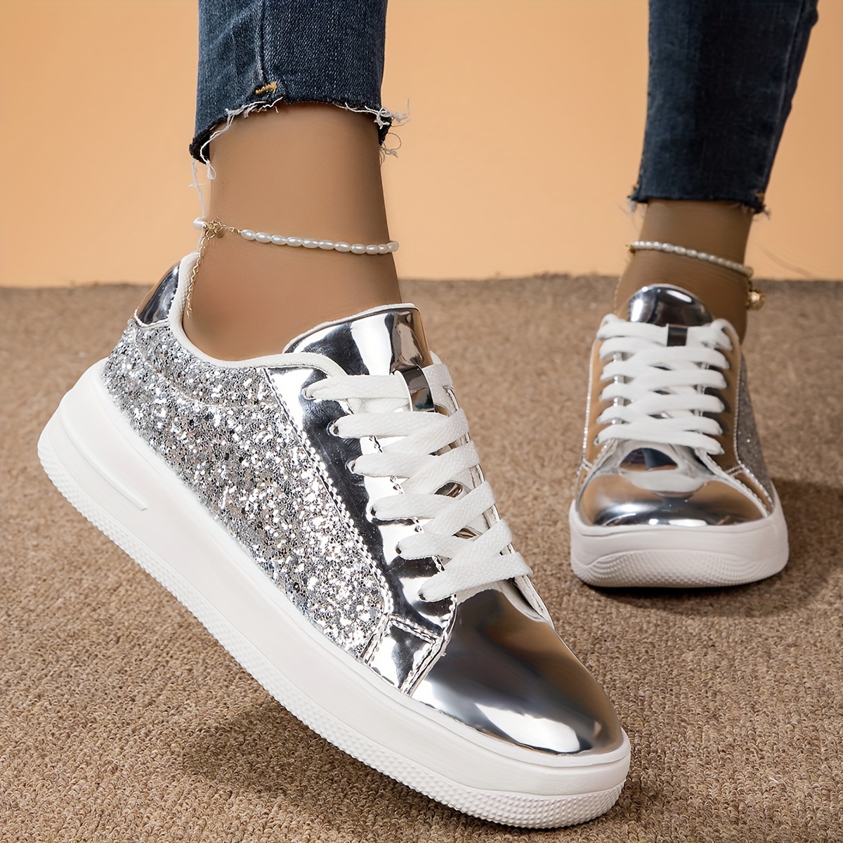Women's Glitter Sequins Flat Sneakers Lace Up Anti slip Low - Temu