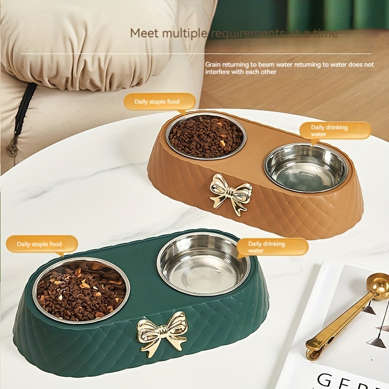 

1pc Durable Stainless Steel Double Bowls For Dogs With Bowknot Carved Design - Perfect For Feeding And Hydration