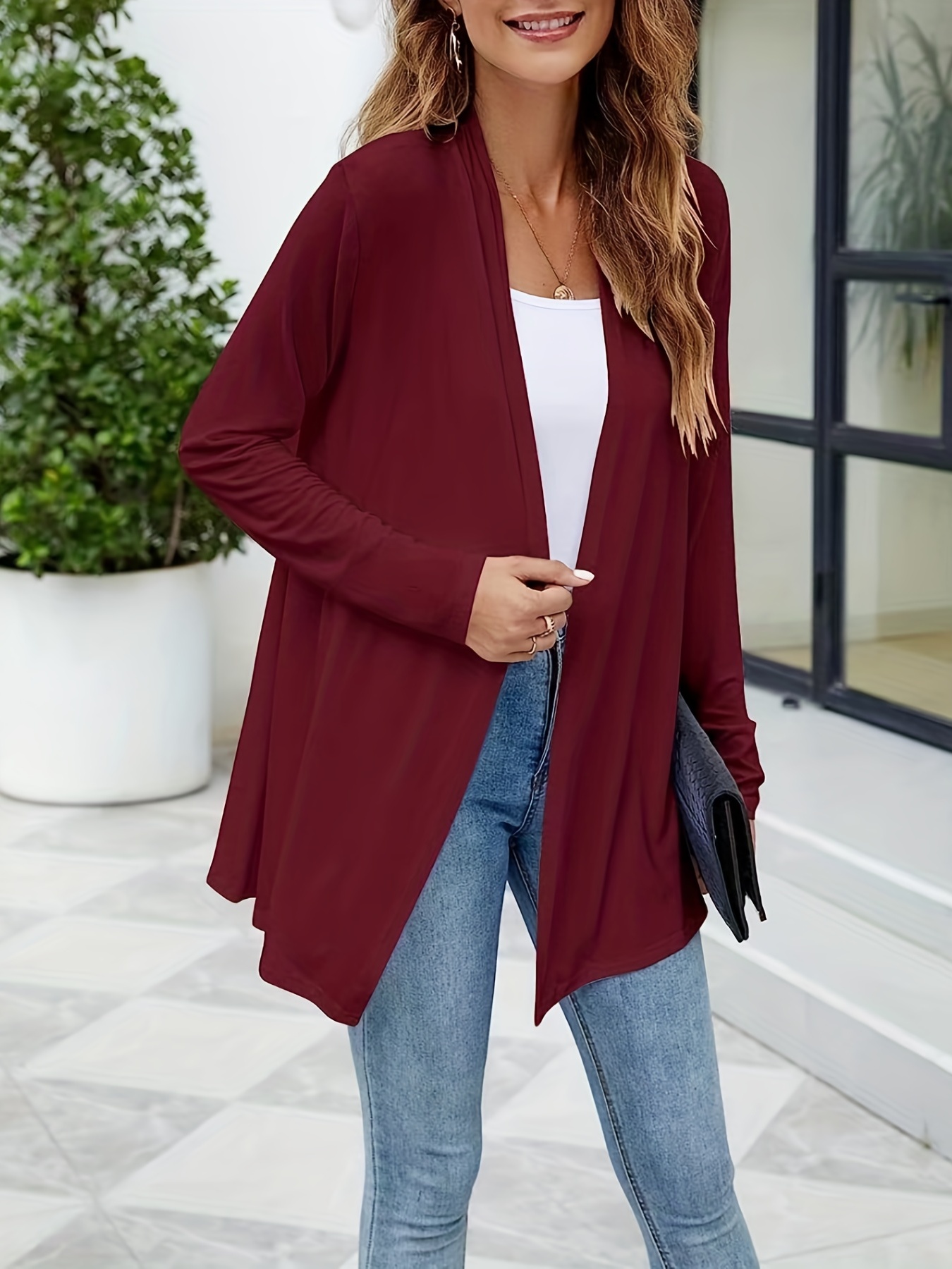 Solid Open Front Cardigan Casual Long Sleeve Cardigan Spring