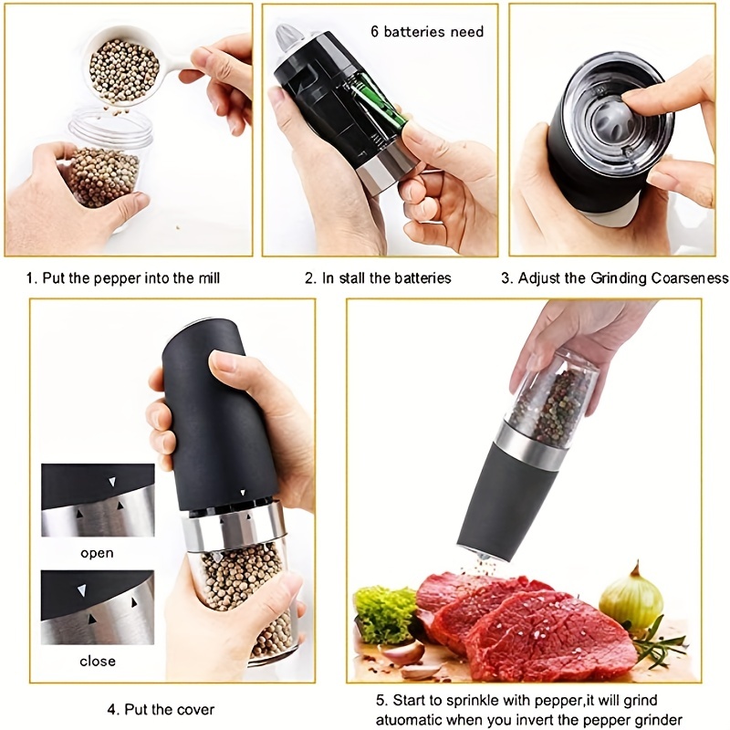 Automatic Gravity Salt and Pepper Grinder Set, Electric Ceramic Core Mills  Shaker, Black and White 