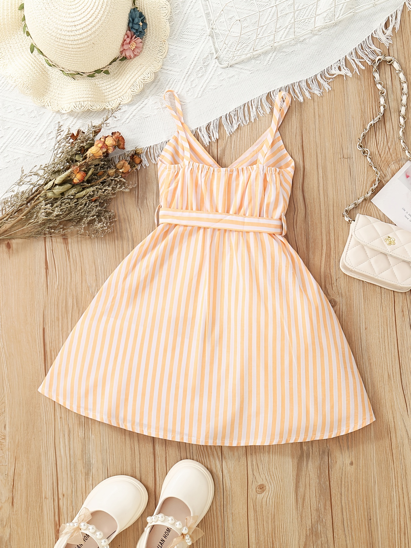 Girls Striped V-Neck Dress With Belt