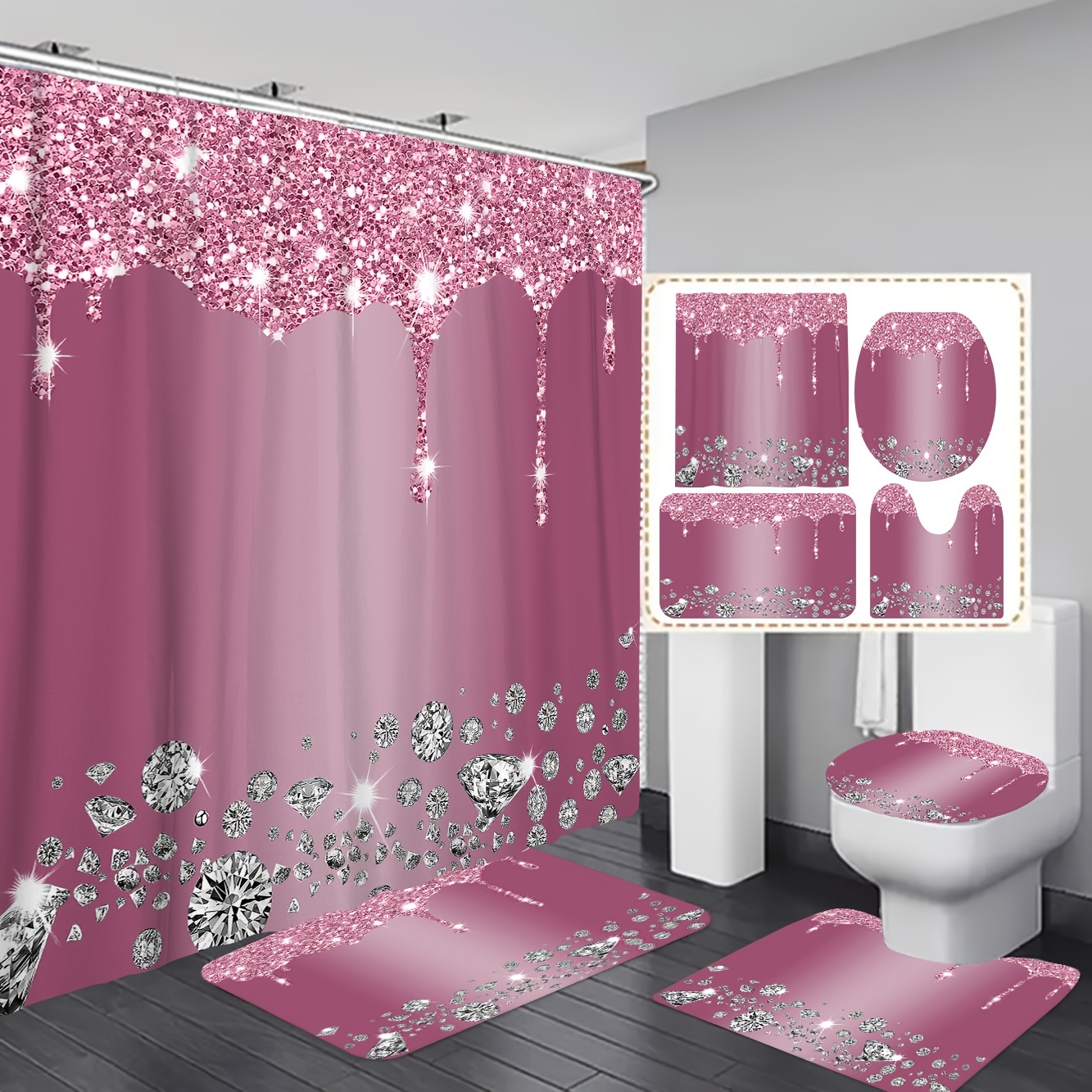 1/3/4pcs Shark Pattern Waterproof Shower Curtain With 12 Hooks, Non-Slip  Bathroom Rug, Toilet U-Shape Mat, Toilet Lid Cover Pad, Bathroom Decor