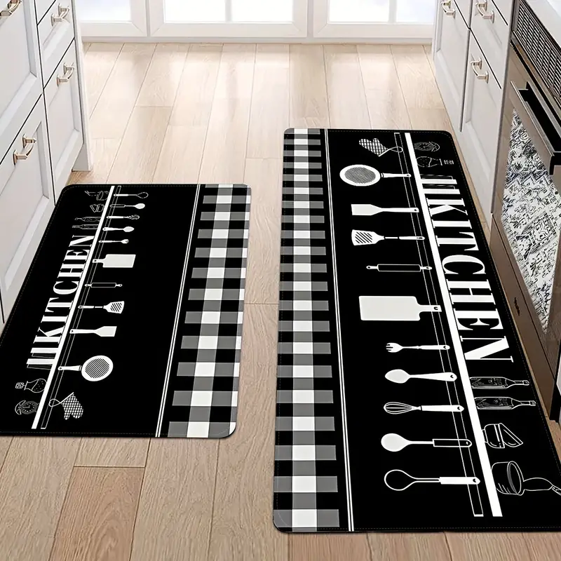 Modern Kitchen Decor Area Rug, Kitchenware Checkered Print Carpet