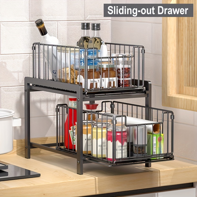1pc 2-Tier Sliding Basket Drawer Organizer, Pull Out Under Sink Cabinets  Organizer, Metal Home Organizer Shelf, For Bathroom Or Kitchen, Sliding  Count