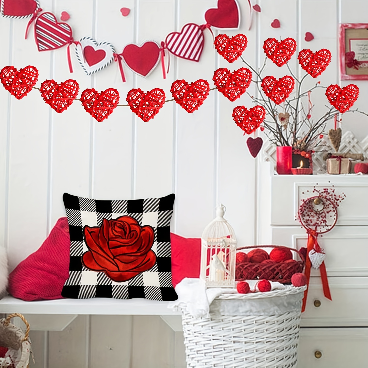 30 Pcs Wicker Rattan Heart Shaped Balls 2.36 Inches DIY Craft Vase Filler  Valentines Day Vase Filler Decor Balls Red Pink Rose Red Decorative Vase