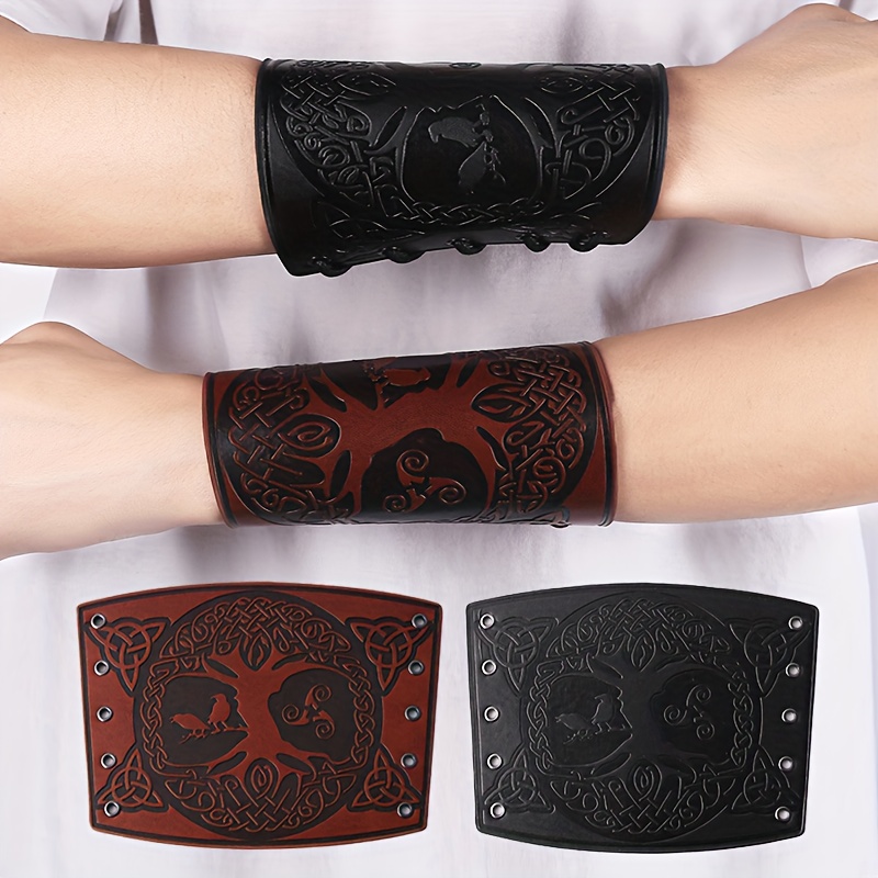 Viking Yggdrasil World Tree Embossed Pu Leather Bracers Medieval Buckle Arm  Guards For Larp Halloween
