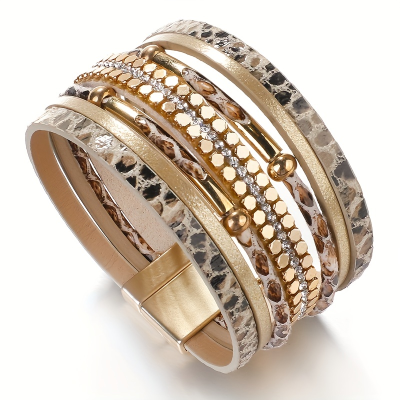 Snakeskin Pattern Leather Bracelet Multilayer Wrap Magnetic Clasp