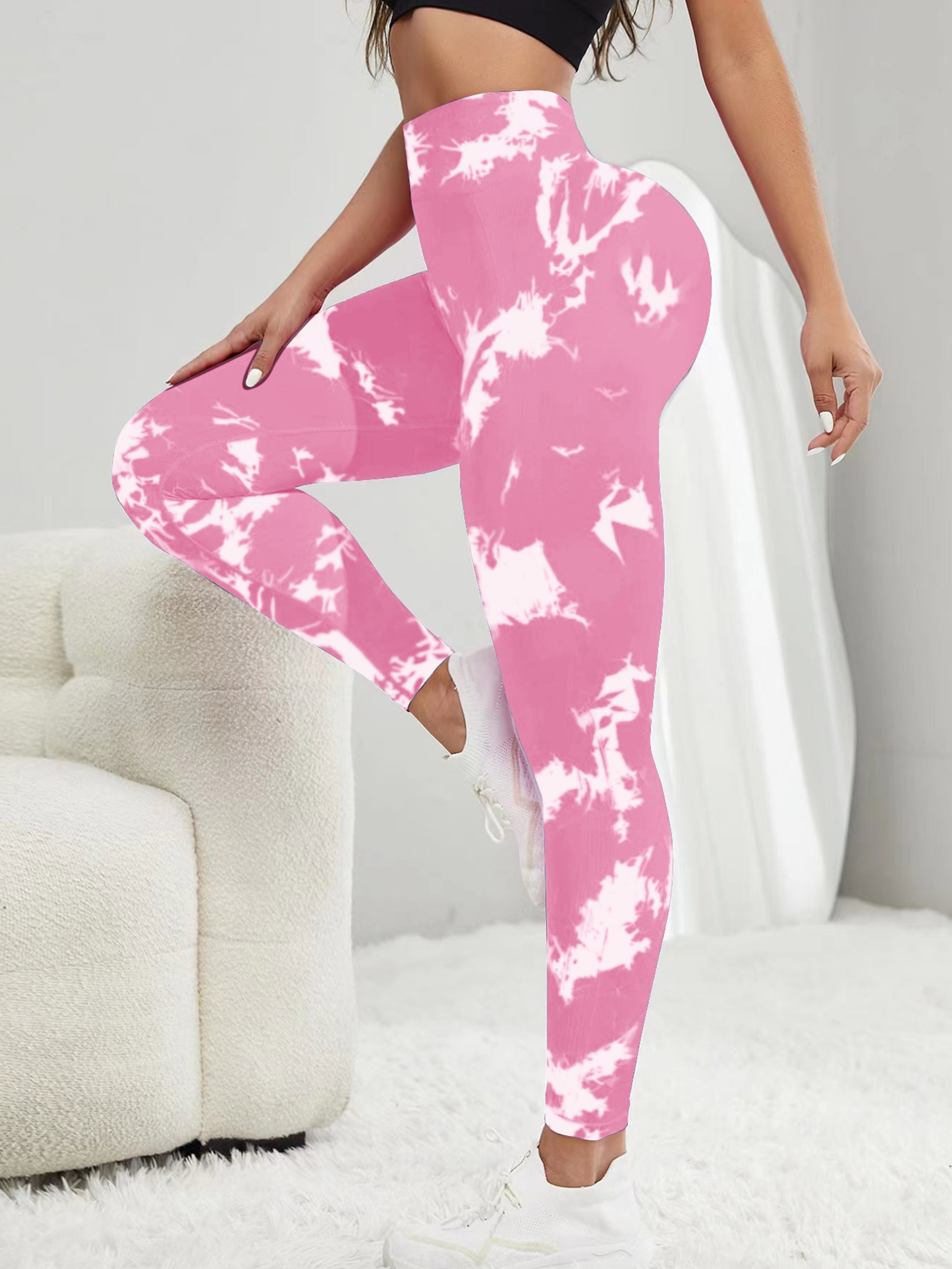 Pink Tie Dye Women Leggings Side Pockets, Printed Yoga Pants