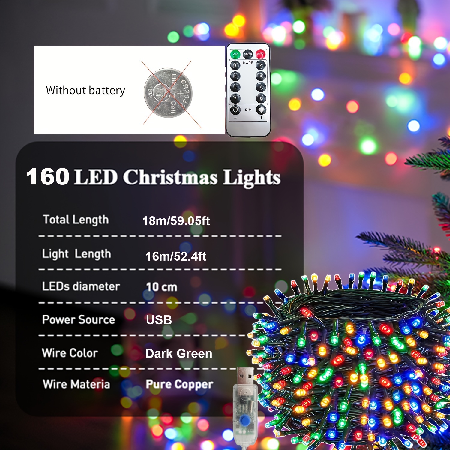 Usb Eight Function String Light, 100/130/160 Led Light, With Remote Control  And Timing Function, Without Battery, For Christmas Indoor And Outdoor  Decoration - Temu