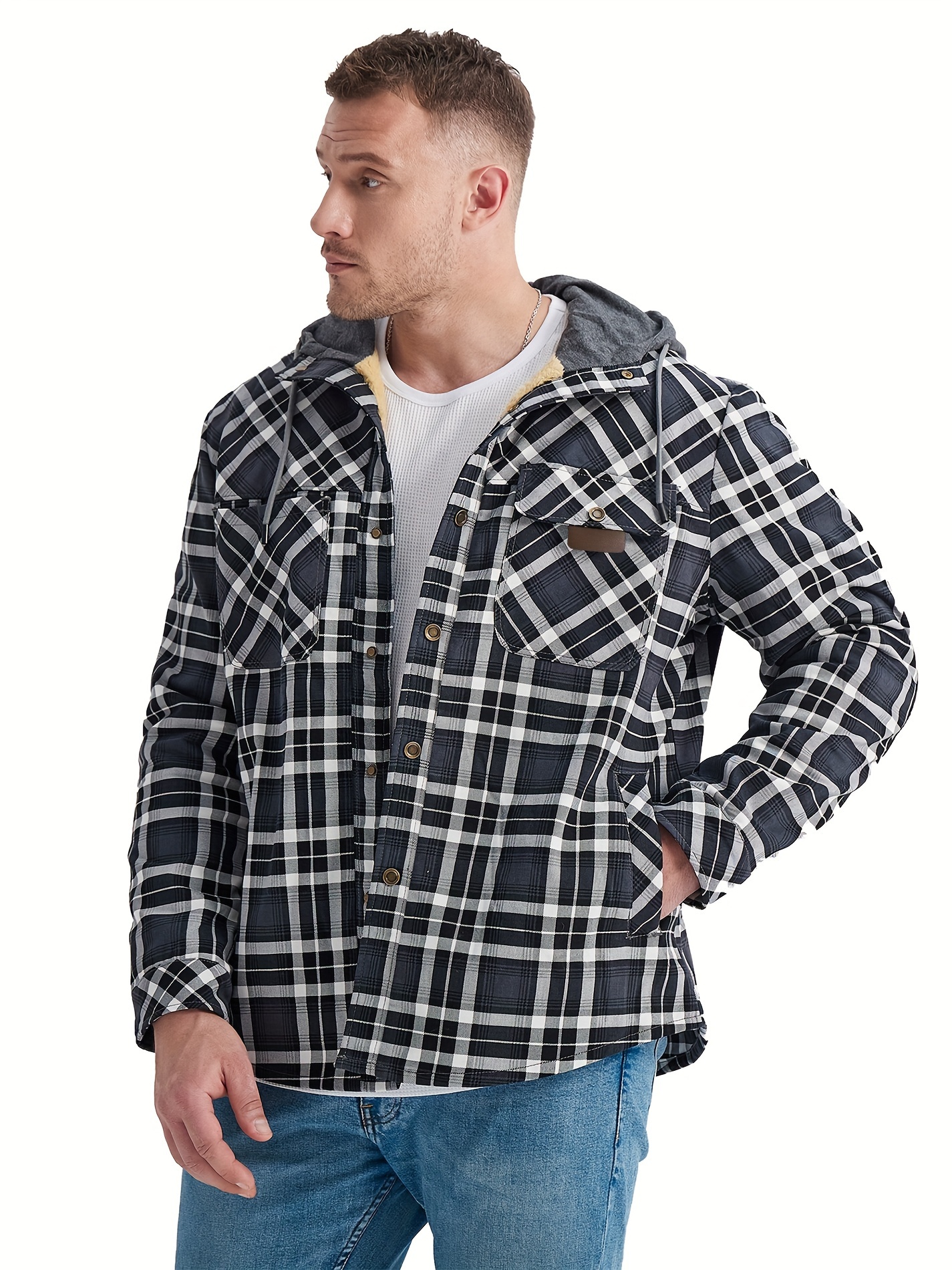 Casual Plaid Pattern Men's Cotton Comfy Long Sleeve Hooded - Temu