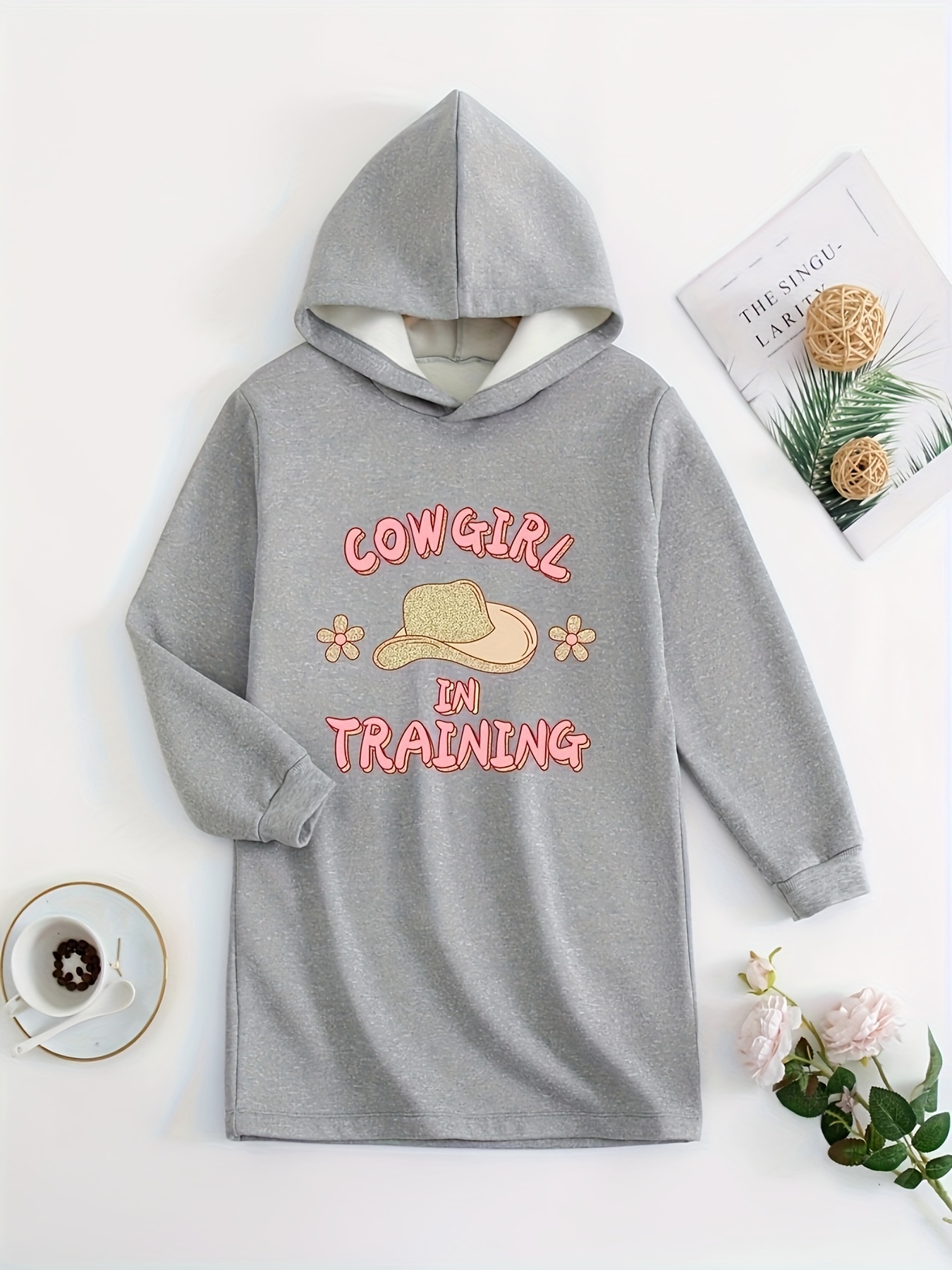 Cow Girl In Training Print Hooded Dress Girls Fleece Long Temu