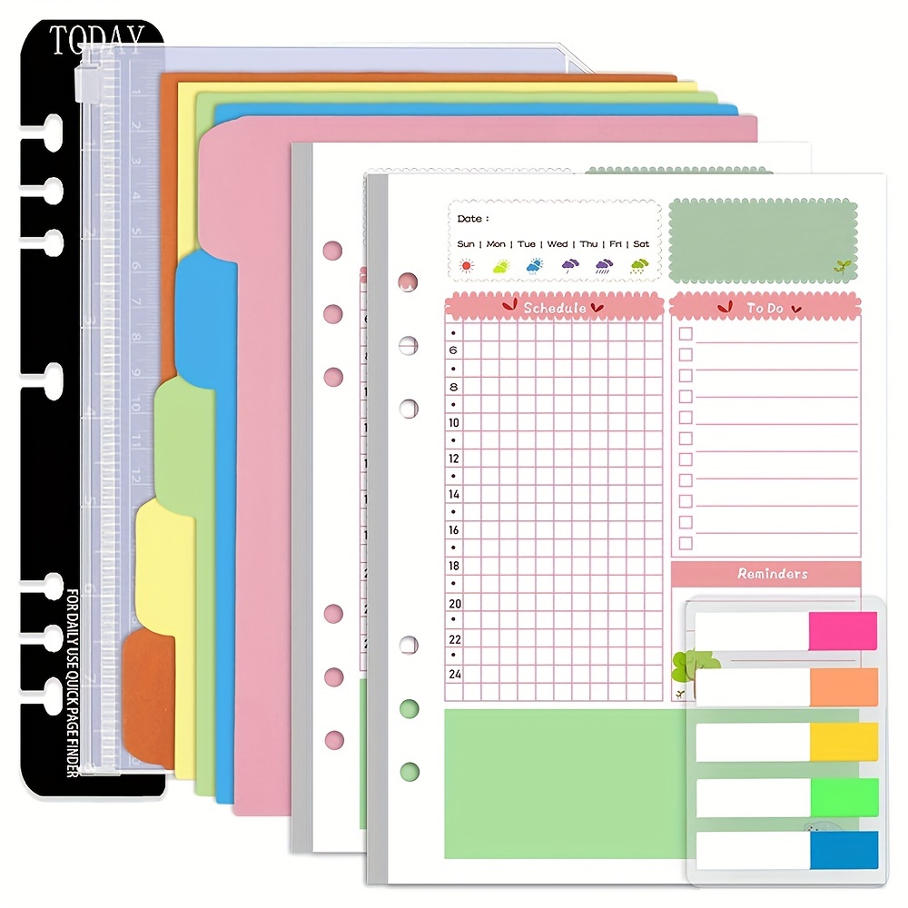 

A5 Planner Inserts Daily Planner Refills, 90 Pages Colorful 6-ring Loose-leaf Binder Planner Inserts W/divider, Pvc Pouch, Ruler, Index Tab For Journal