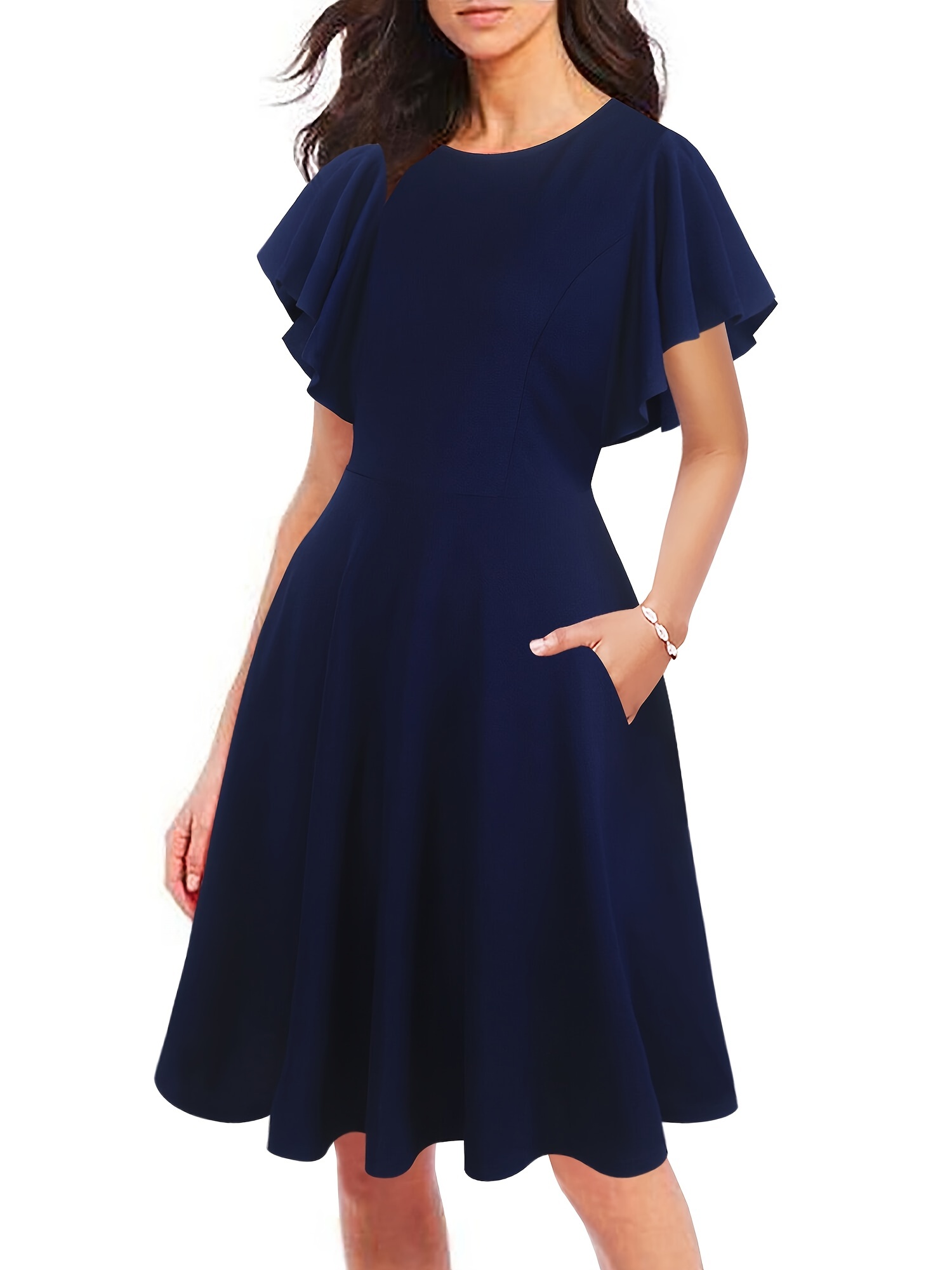 Elegant Flare Sleeve Solid Dress Crew Neck Short Sleeve Temu