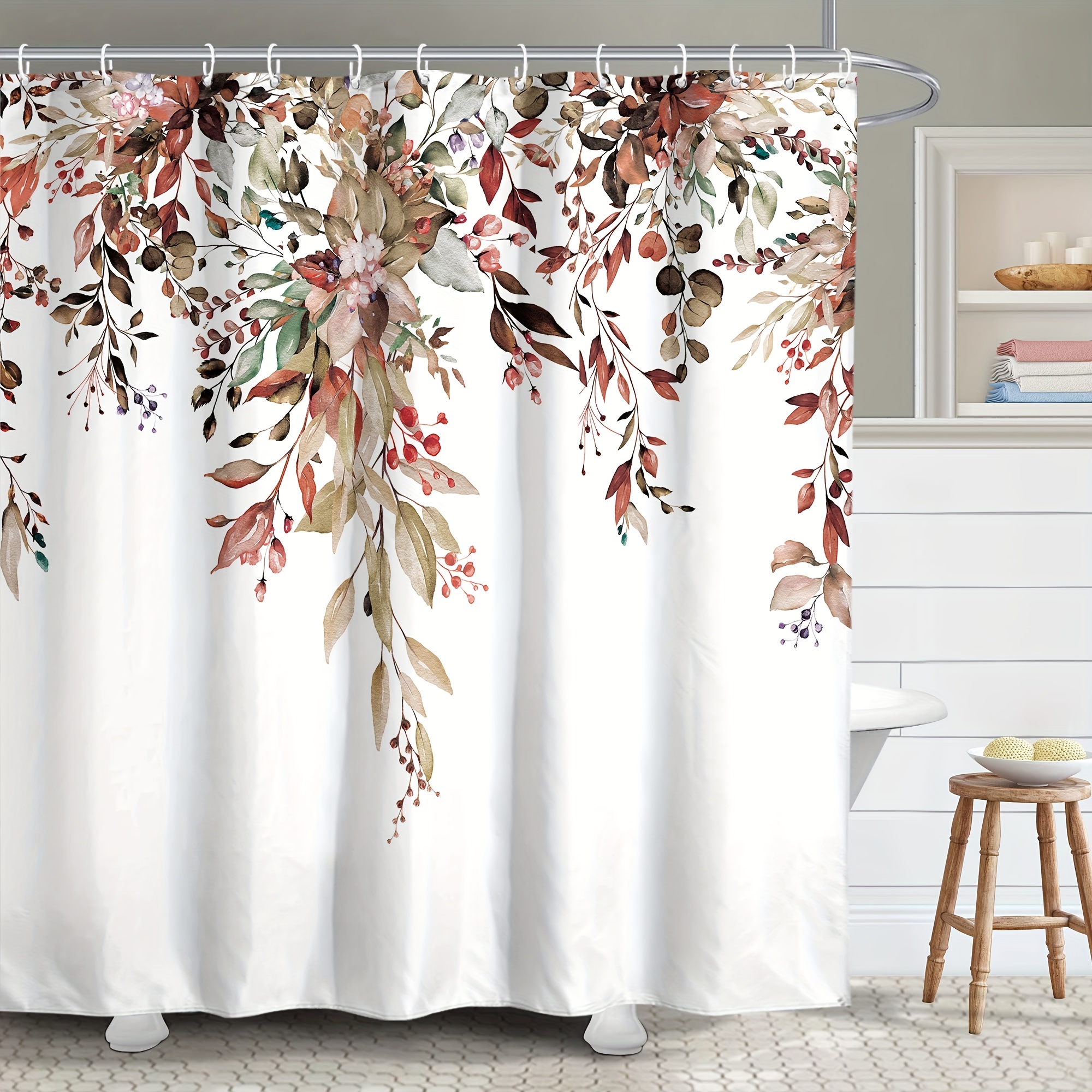 Peva Leaf Pattern Plastic Shower Curtain With Plastic Hooks