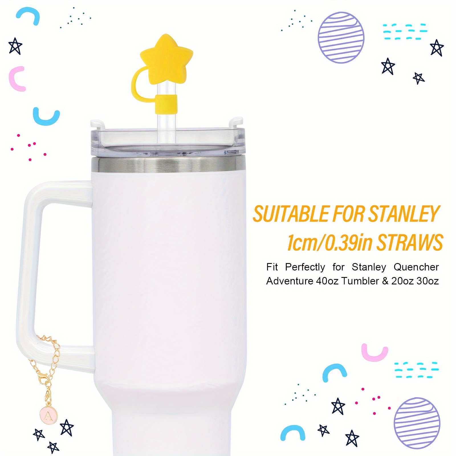 2PCS Straw Cover for Stanley Cup 30&40 Oz 10mm Flower Silicone Straw Topper  Protector Lid with Initial Personalized Letter Charm Stanley Tumblers