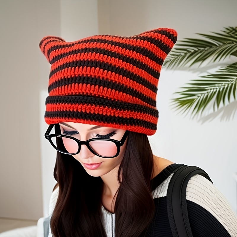 

1pc Ear Flap Hat Women Winter Cat Ears Hats, Soft Slouchy Striped Knitted Hat, Trendy Warm Crochet Braided Knitted Hats