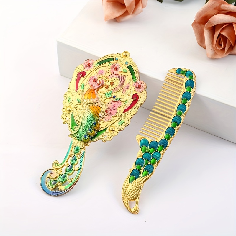 Vintage Peacock Handheld Mirror Comb Set