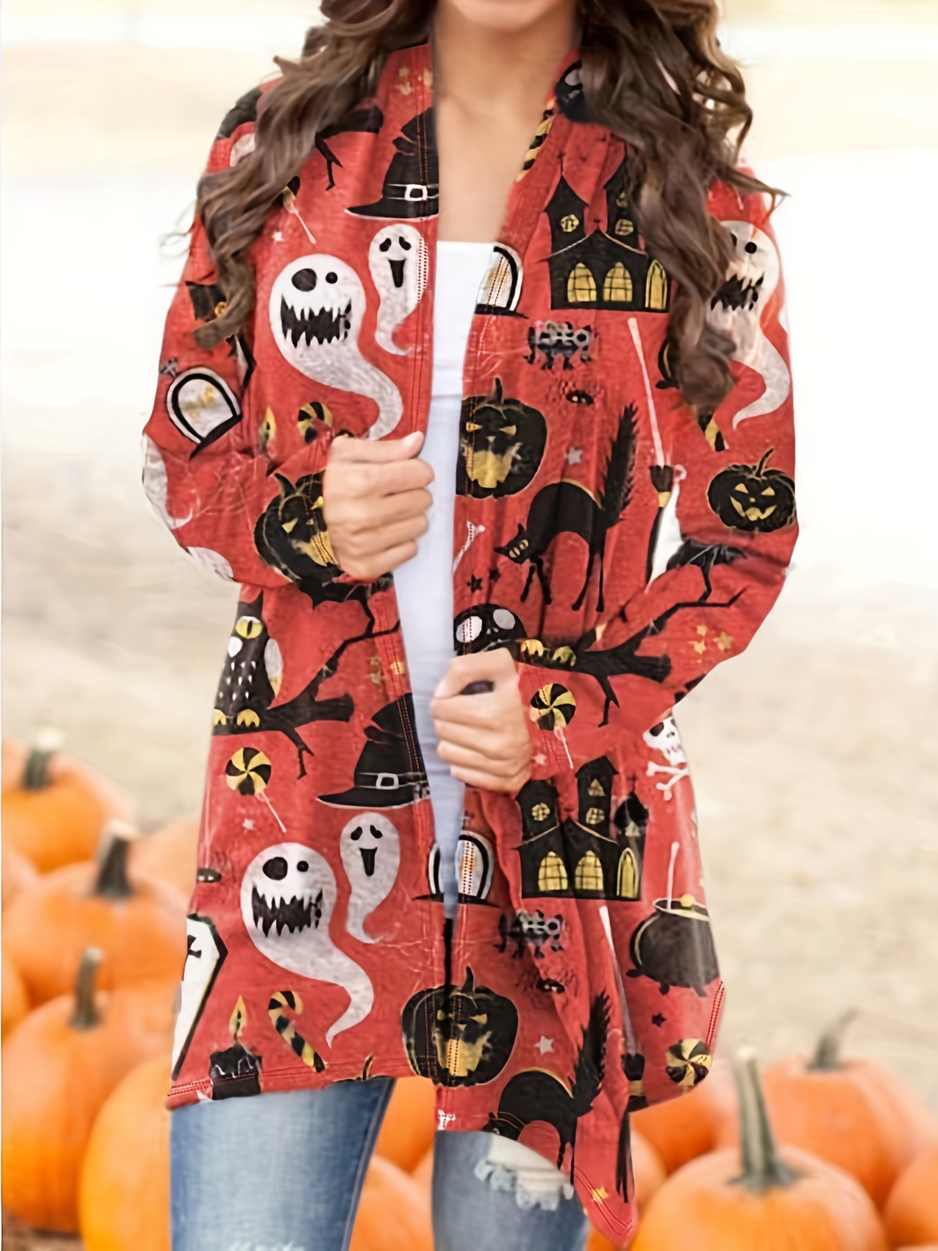 Halloween Ghost Pumpkin Print Cardigan Casual Open Front - Temu South Africa