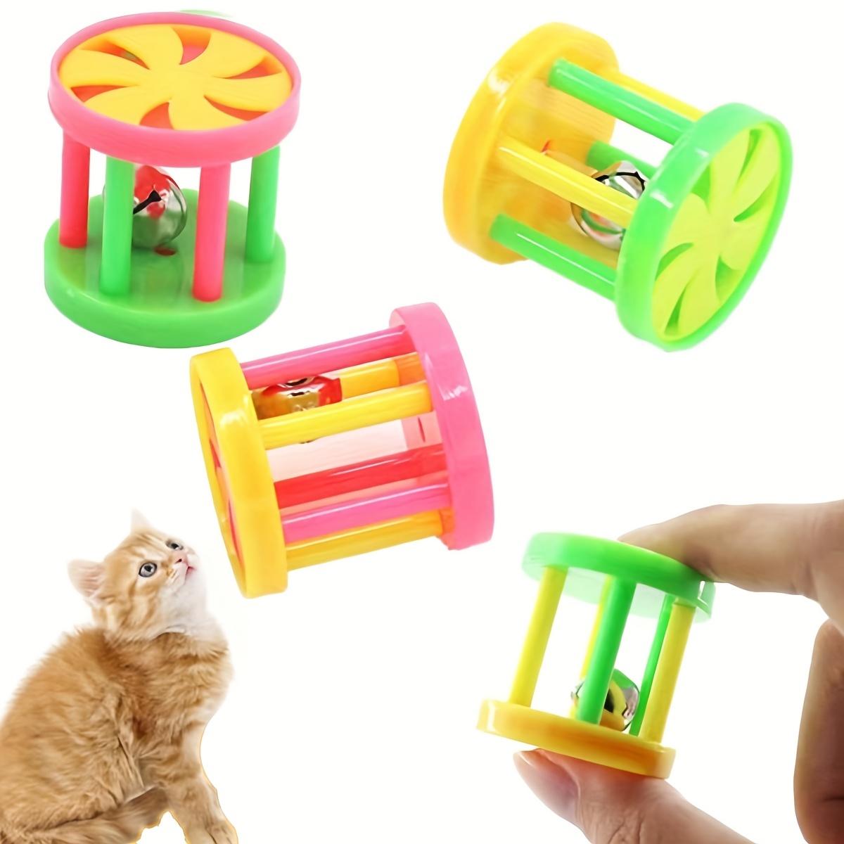 

Interactive Cat Toys With Jingle Bells, 2-pack Plastic Floral Drum Teaser, Small Breed Non-battery Fun Pet Supplies, Assorted Colors