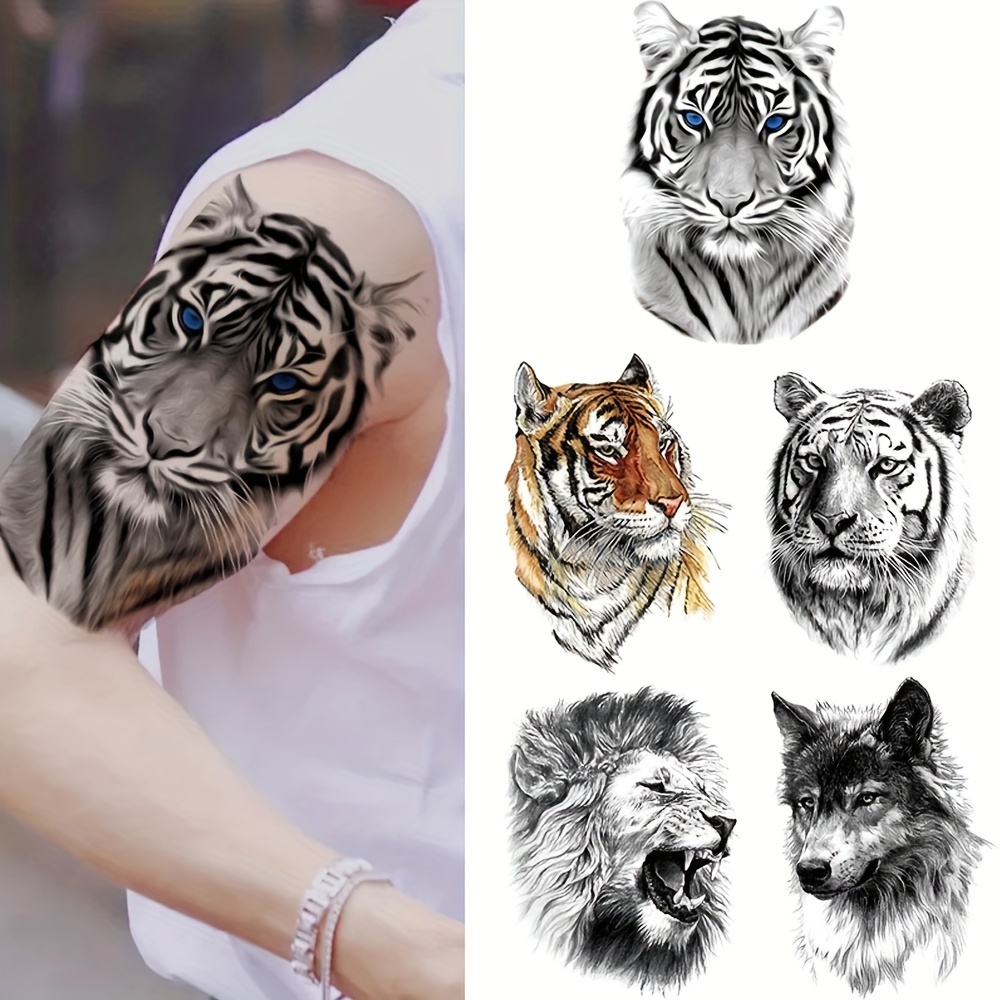 

5pcs Lion Tiger Cool Waterproof Temporary Tattoo Sticker Fashion Wolf Realistic Animals Body Art Arm Fake Tattoos Sleeve Women Men