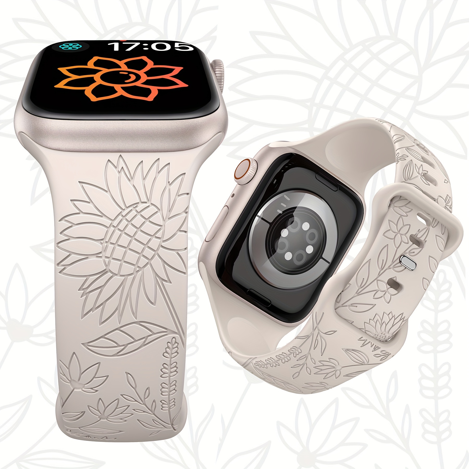  4 Pack Floral Engraved Bands Compatible with Apple Watch Band  40mm 38mm 41mm 42mm 44mm 45mm 49mm Women, Soft Silicone Cute Wildflowers  Sport Laser Strap for iWatch Series 9 8 7