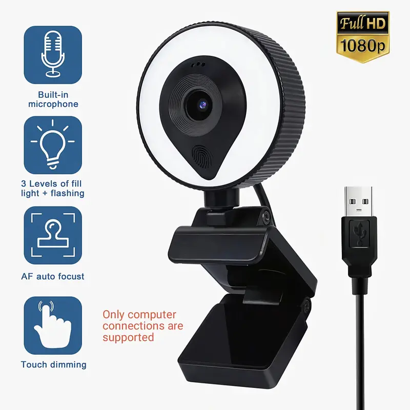 1080p Pc Camera Webcam Usb Pc Webcam Fingerprint Touch - Temu