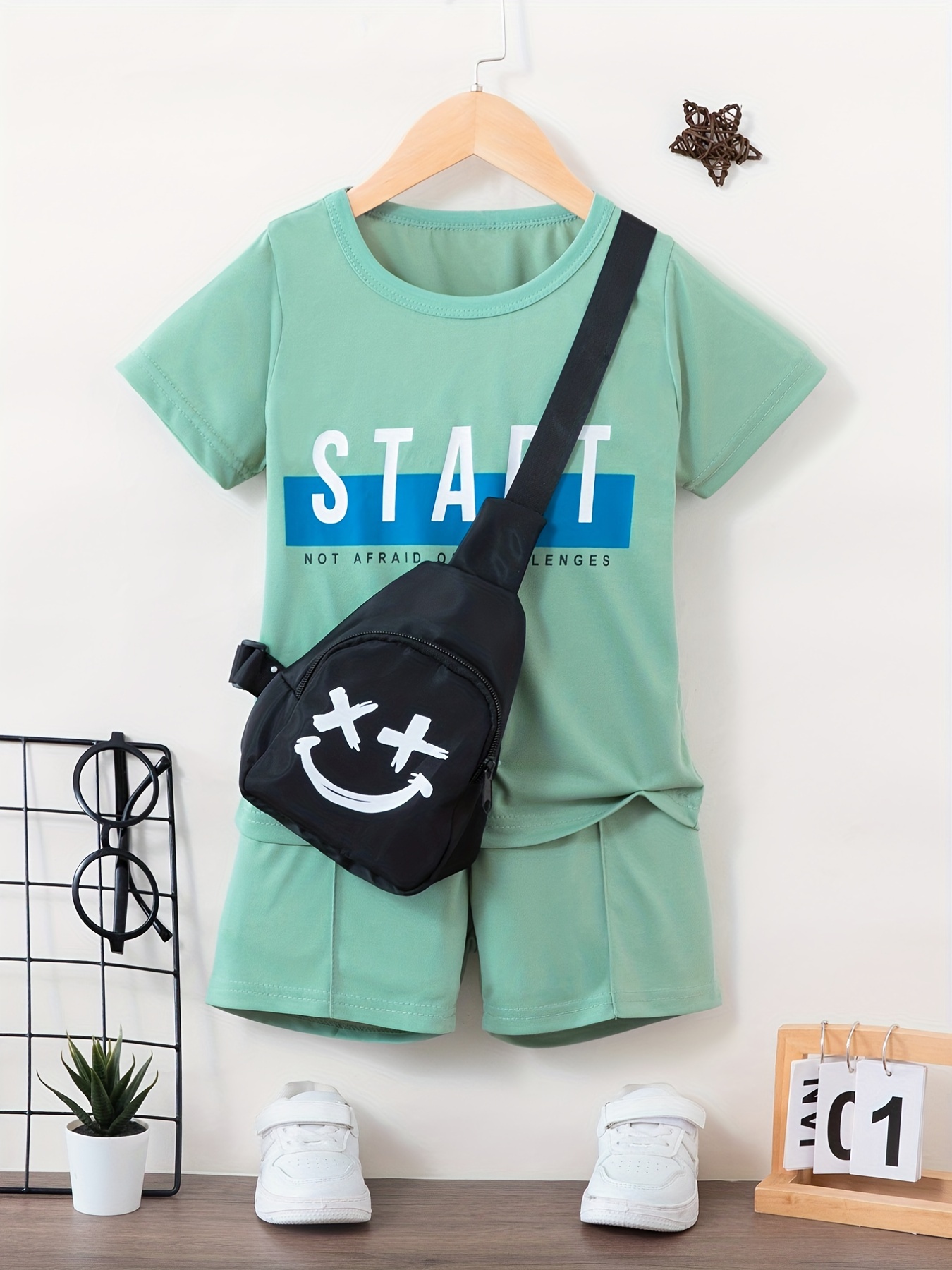 Boys Casual T-shirt With Crossbody Bag Print & Shorts Set For Summer - Temu