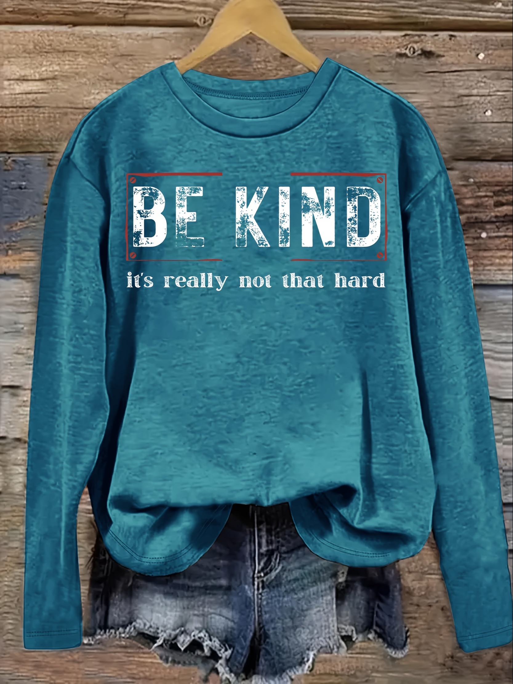 Be Kind Print T-Shirt, Casual Crew Neck Long Sleeve Top For Spring & Fall, Women's Clothing