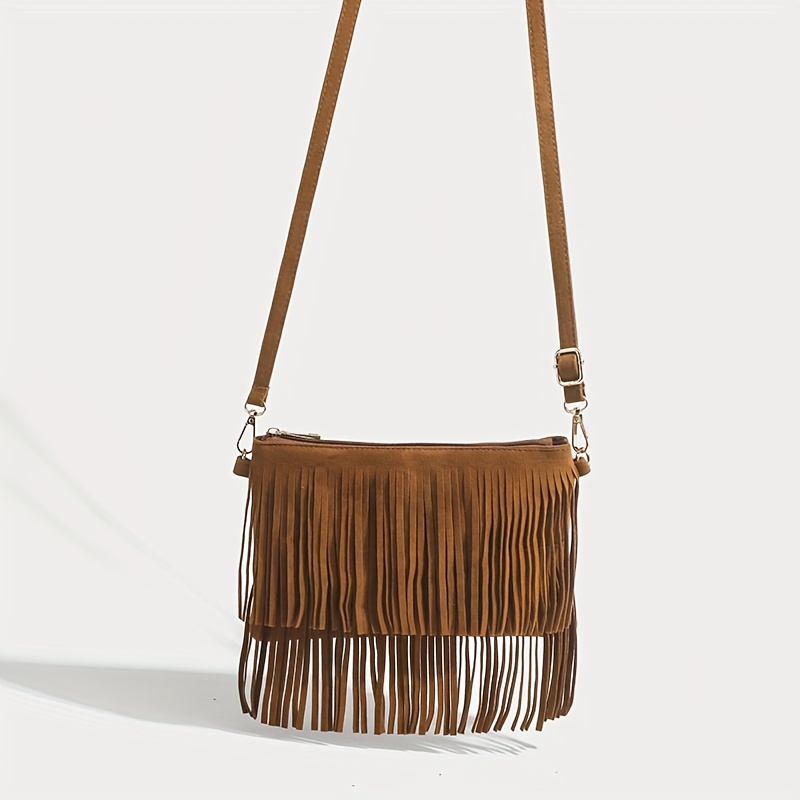 Women Suede Fringe Crossbody Bag, Boho Style Tassel Shoulder Bag, Retro  Zipper Square Purse